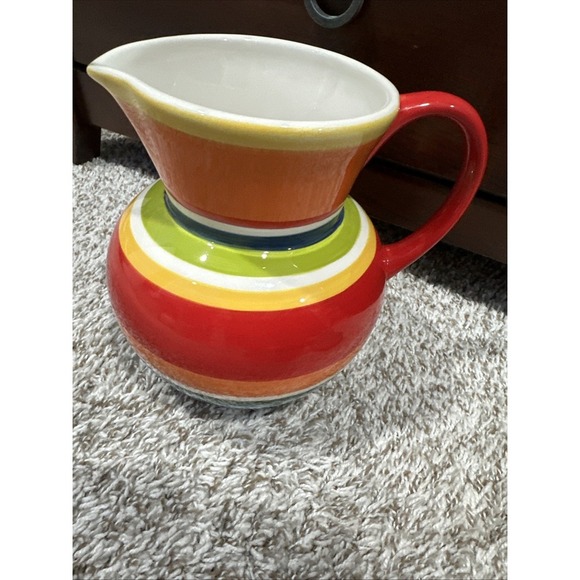 Pier 1 Imports Summer Stripes Pitcher 8" Multicolor Red Orange Yellow Pottery - Picture 2 of 5